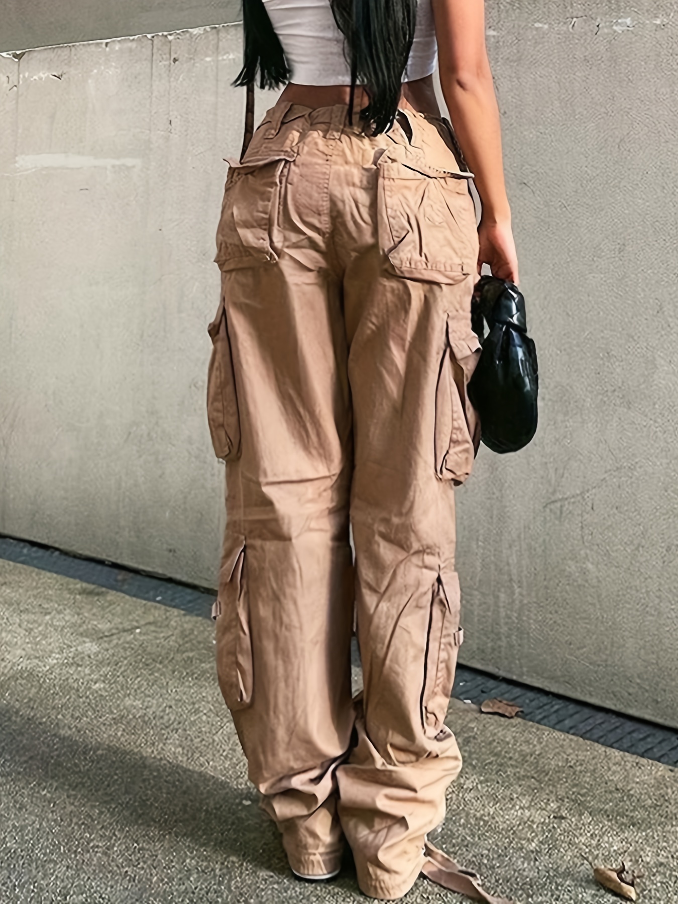 Calça cargo feminina Y2K jeans baggy de cintura alta para mulheres com  bolso com aba e ajuste relaxado perna larga Y2K jeans fashion, Verde, P