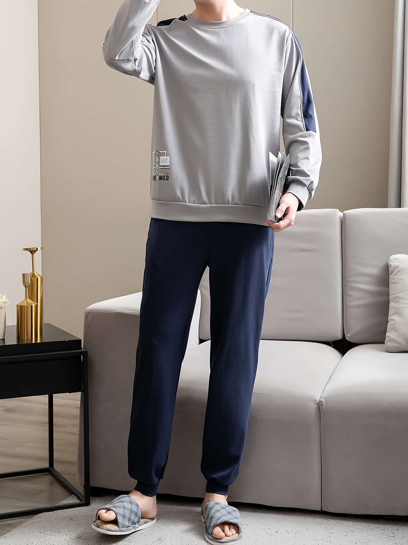 Conjunto de pijamas cómodos y modernos para hombre de piezas, con  camiseta de larga y pantalones largos, pijamas holgados, ideales para  estar