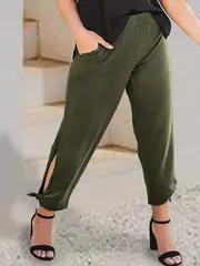 plus size casual pants womens plus solid cut out tie side tapered leg pants with pockets details 0