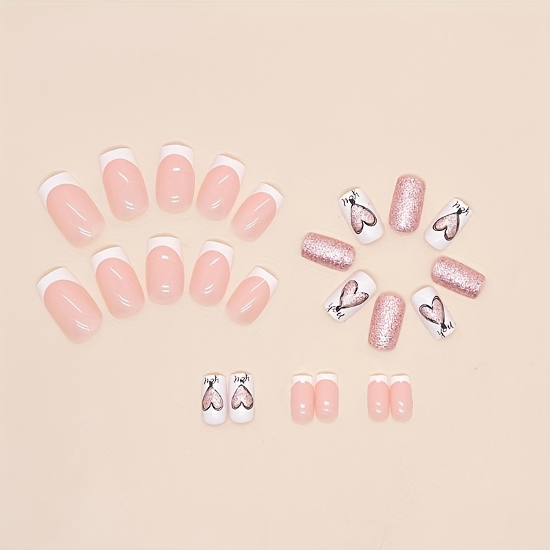 24pcs Glossy Heart Press On Nails with Golden Glitter Medium Square False Nails