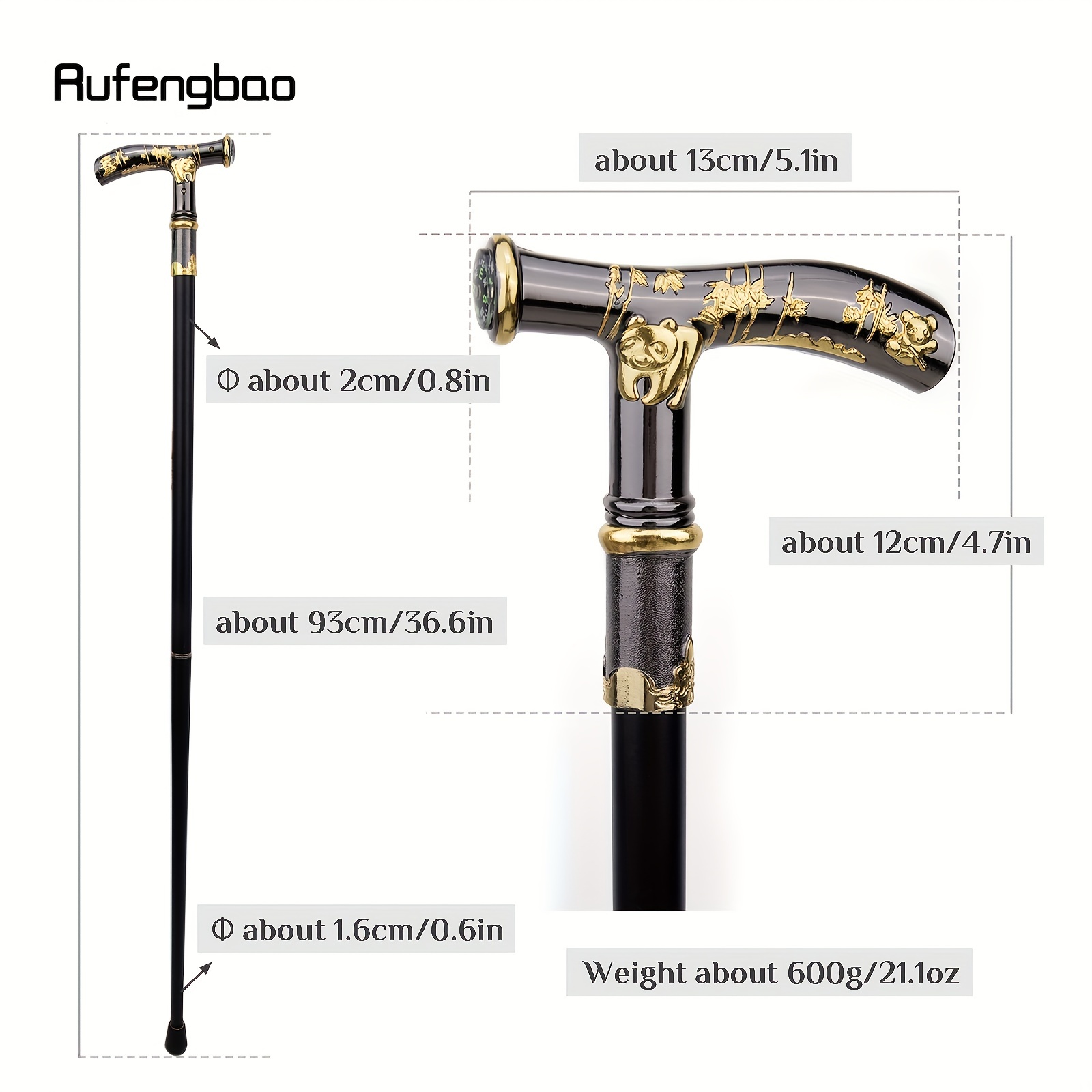 Gold Black Panda Compass Walking Cane