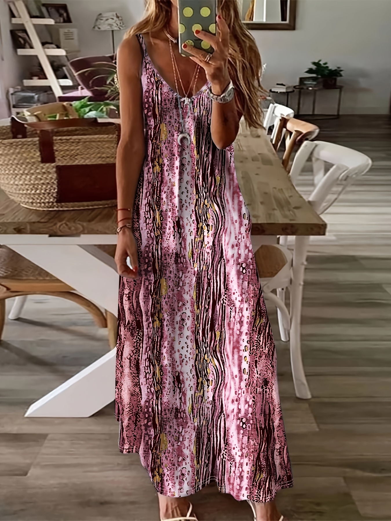 Allover Print V Neck Cami Dress Elegant Sleeveless Loose - Temu