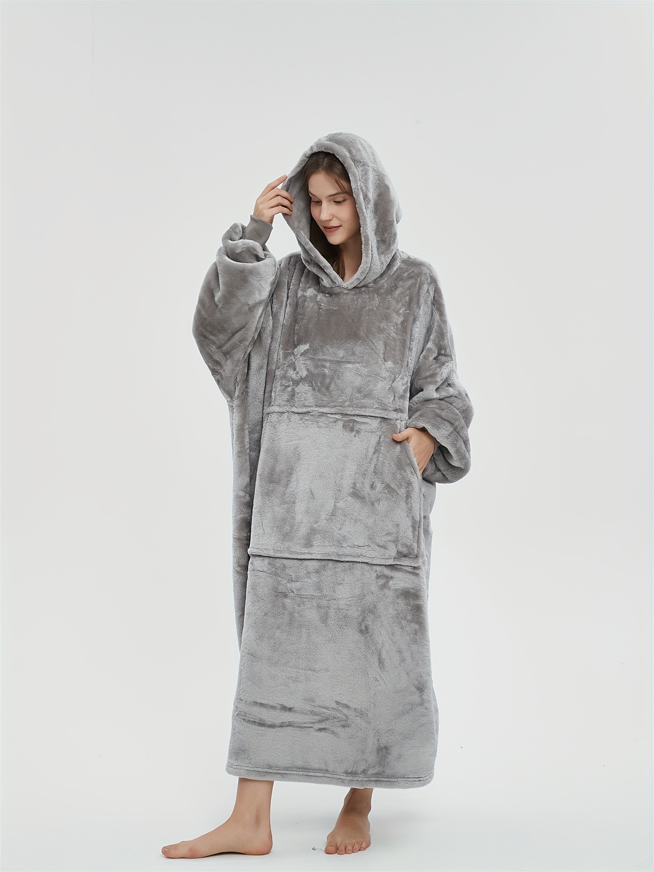 Solid Fuzzy Hooded Night Robe Warm Long Sleeve Robe Pockets - Temu