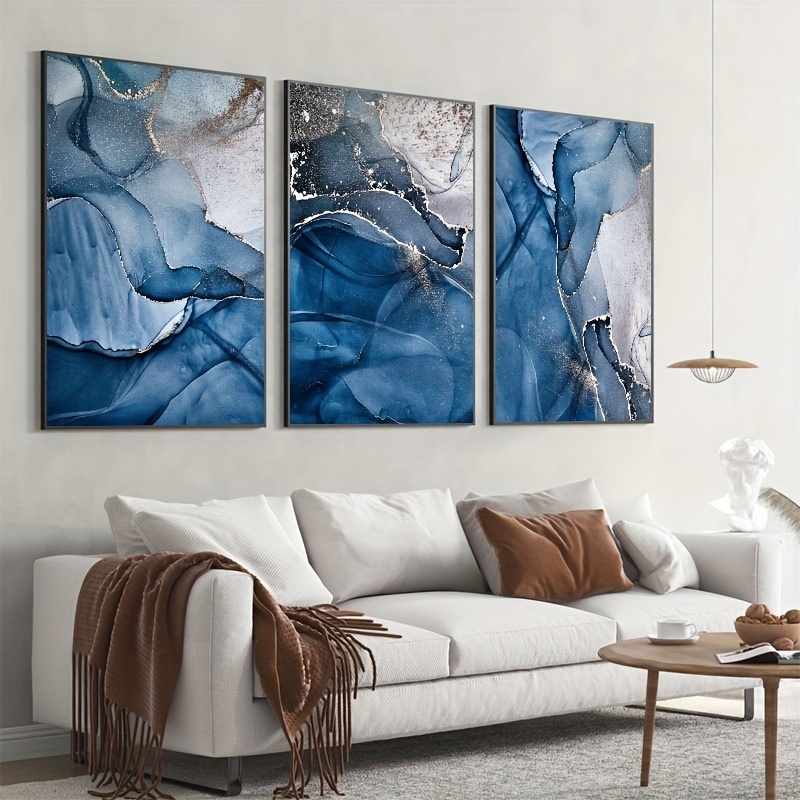 Set of 3 Abstract Navy Blue and Gold Wall Art Prints – Artze Wall Art