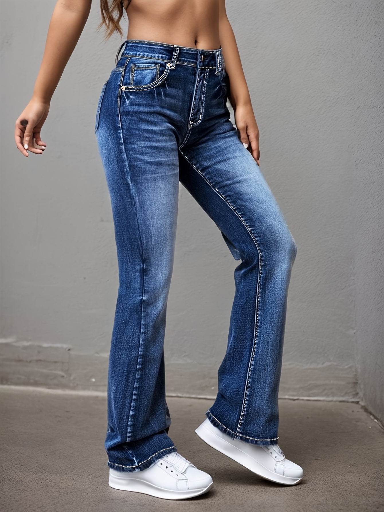 blue water ripple embossed flare jeans, high waist high stretch washed denim trousers, women's denim jeans & clothing deep blue 4