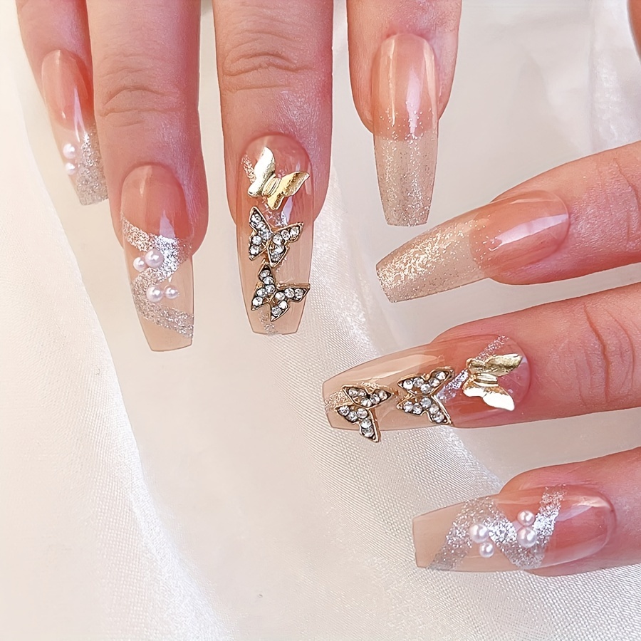 24 Pcs French Tip Press on Nails Long Butterfly Rhinestones Acrylic Nail  Decorations with Crystal Diamonds Fake Nails Nude Full Cover Glue on Nails