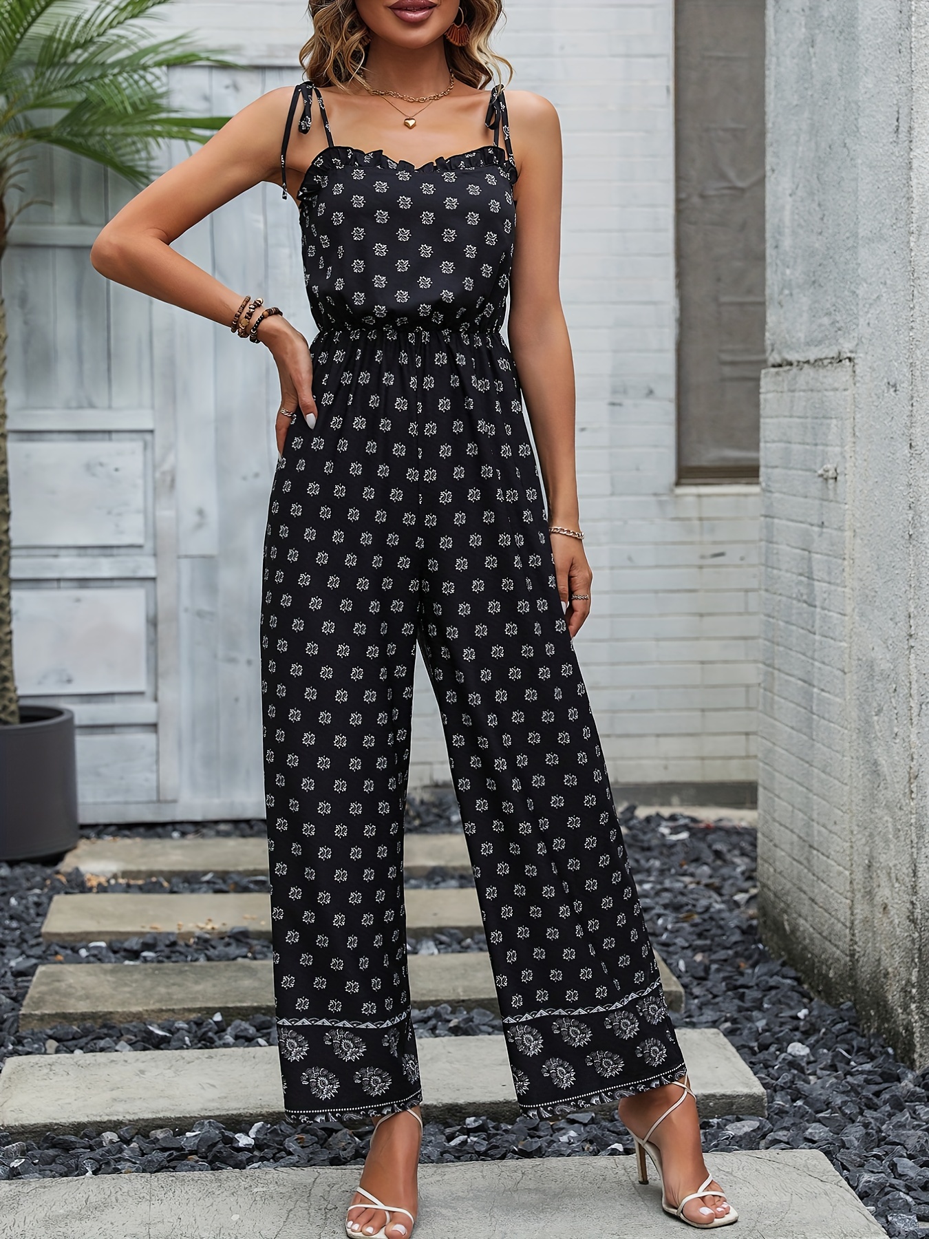 Floral Print Lace Up Wide Leg Jumpsuit