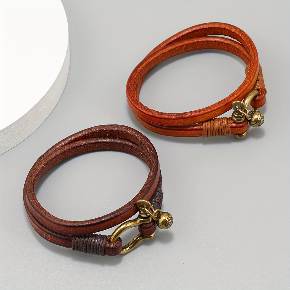 

1pc Creative Retro 2 Circles Men's Leather Bracelet, Simple Horseshoe Buckle Bangle Fashion Versatile Hand Jewelry