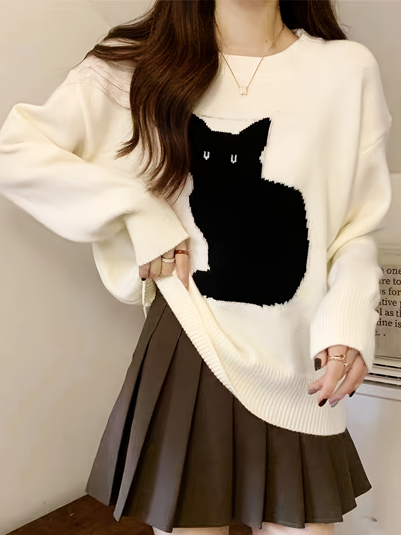 Cute Cat Pattern Pullover Sweater Casual Long Sleeve Loose Slouchy Sweater Women s Clothing