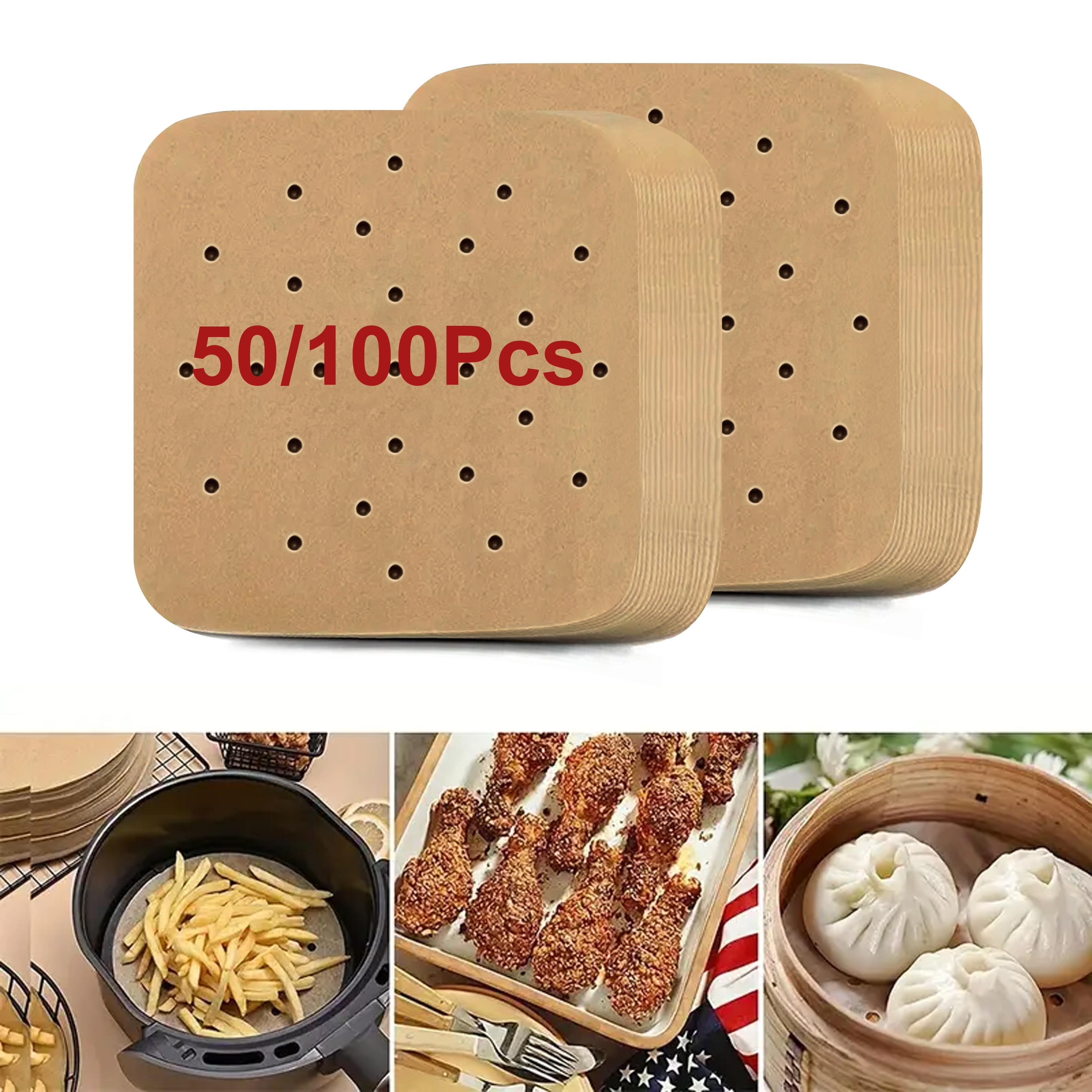 

50/100pcs Perforated Parchment Paper Sheets For Baking, 20/21.5cm, Brown Square Air Fryer Parchment Paper Liners For Steaming Basket, Oven, Cooking, And Baking Eid Al-adha Mubarak