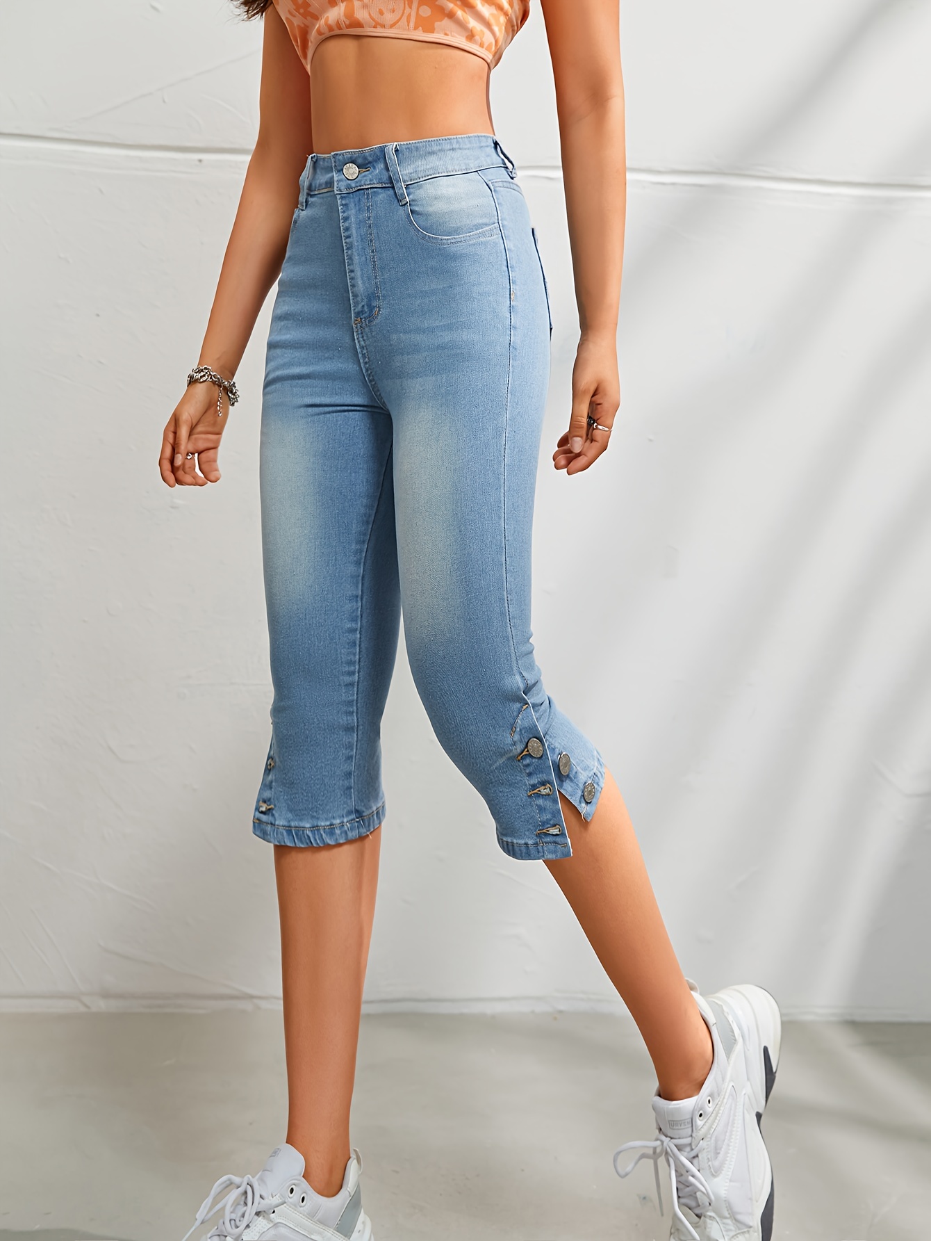 Blue Slim Fit Cropped Jeans, Slash Pockets Mid-Stretch Capris Denim Pants,  Women's Denim Jeans & Clothing