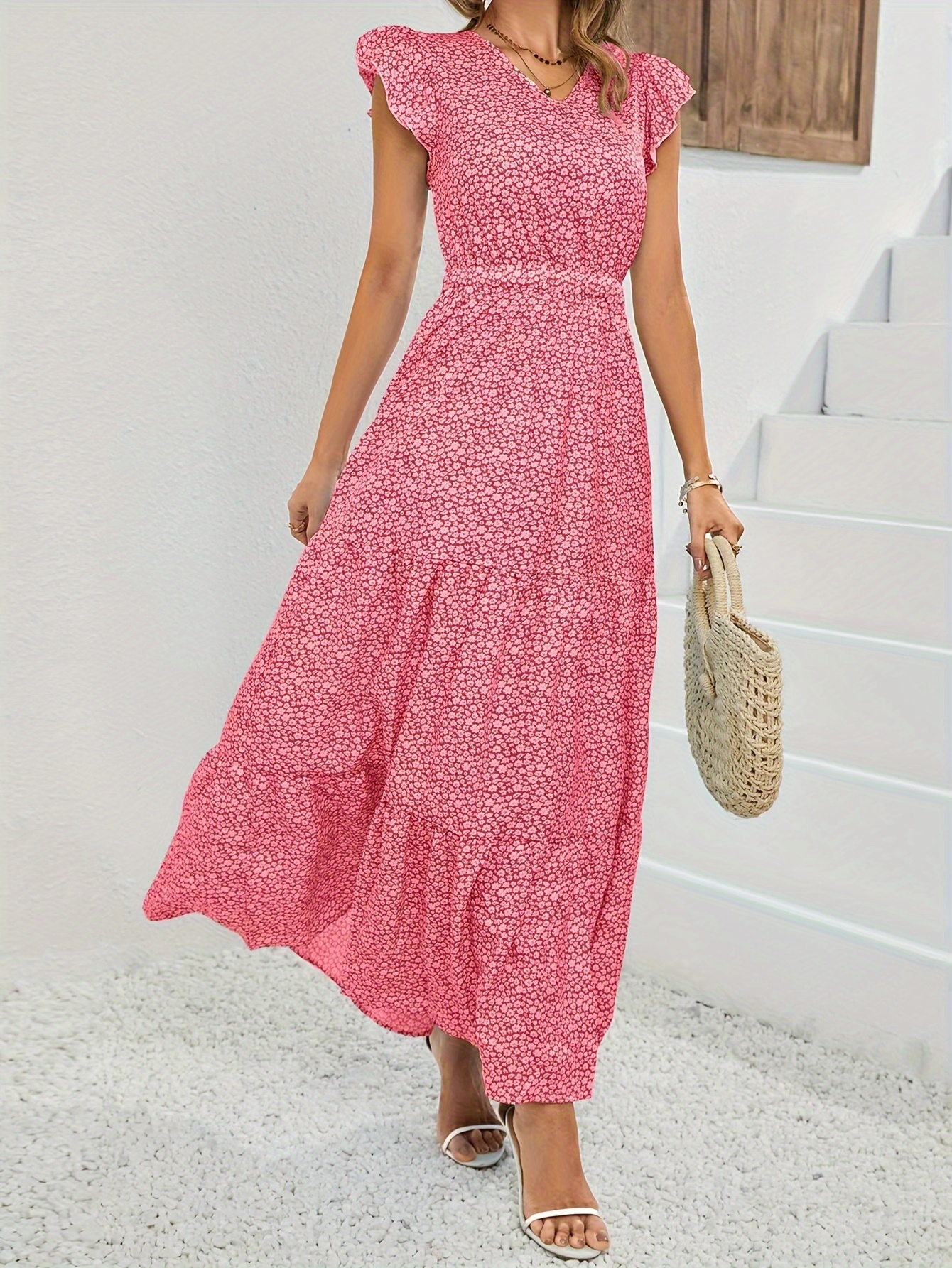 Floral Print Vacation Maxi Dress - Pink