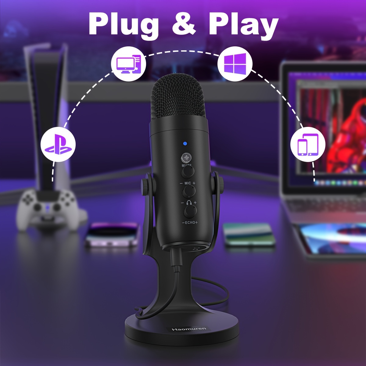 ZealSound USB Microphone,Condenser Computer PC Mic,Plug&Play Gaming  Microphones for PS 4&5.Headphone Output&Volume Control,Mic Gain  Control,Mute