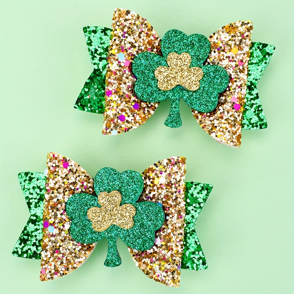 

2pcs 's Day Bow Hair Clips For Girls Glitter Shamrock Bow Hair Clips Hair Accessories For Girls For Gifts