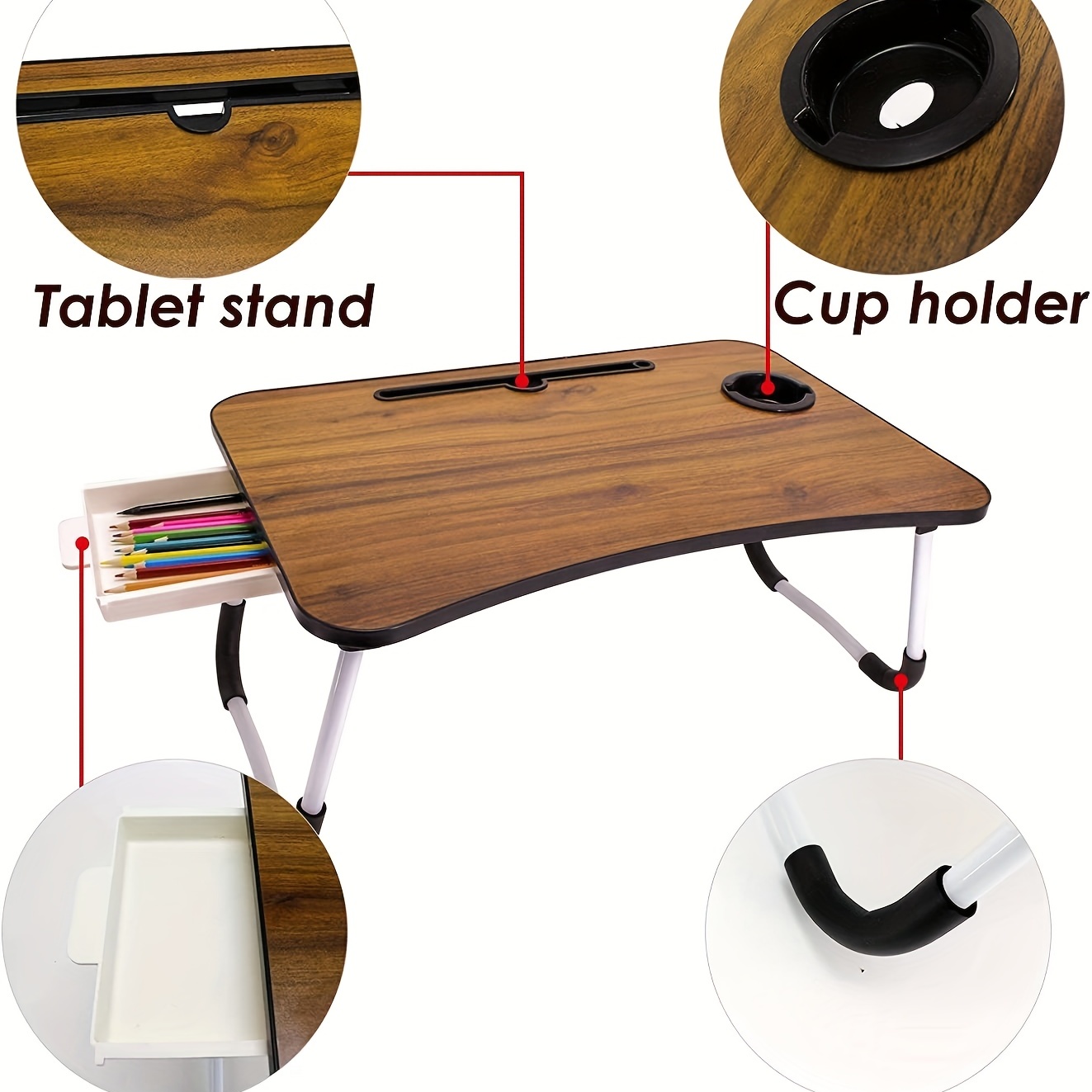 Wood Lap Desk, Foldable Laptop Stand, Laptop Bed Tray, Breakfast Serving  Tray, Adjustable Legs Laptop Table, Portable Storage Drawers Desk 