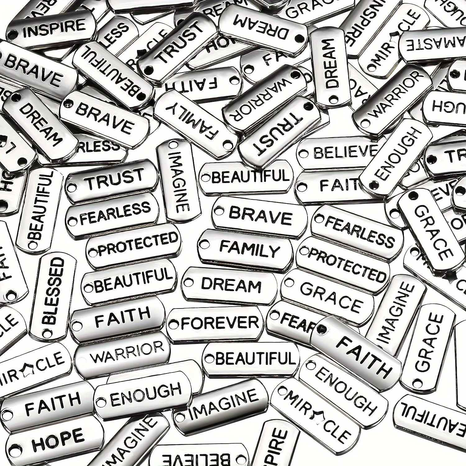 

50pcs Word Charms Pendants Engraved Motivational Pendant Tags Jewelry Making Accessories For Diy Necklaces, Bracelets, Key Chains (silver)