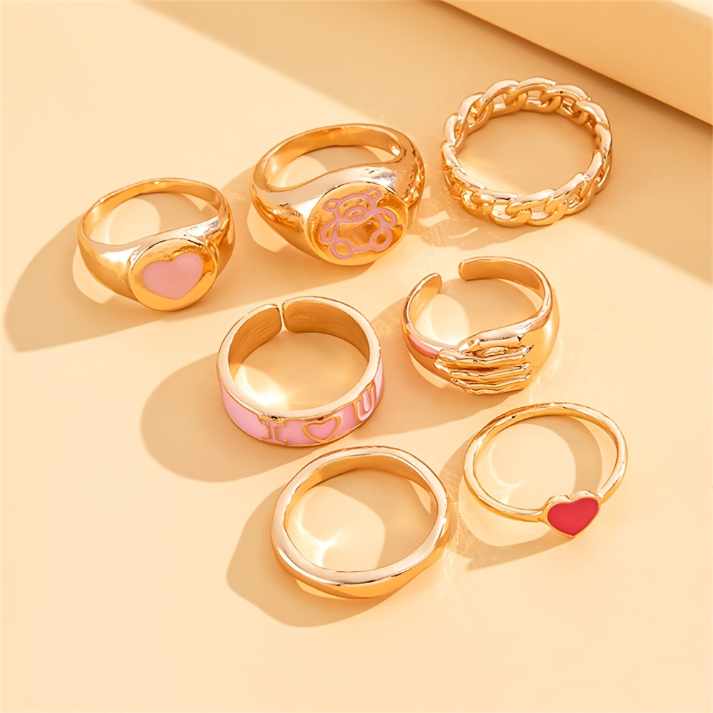 Golden Vintage Stackable Rings Cute Design Love Bear Temu