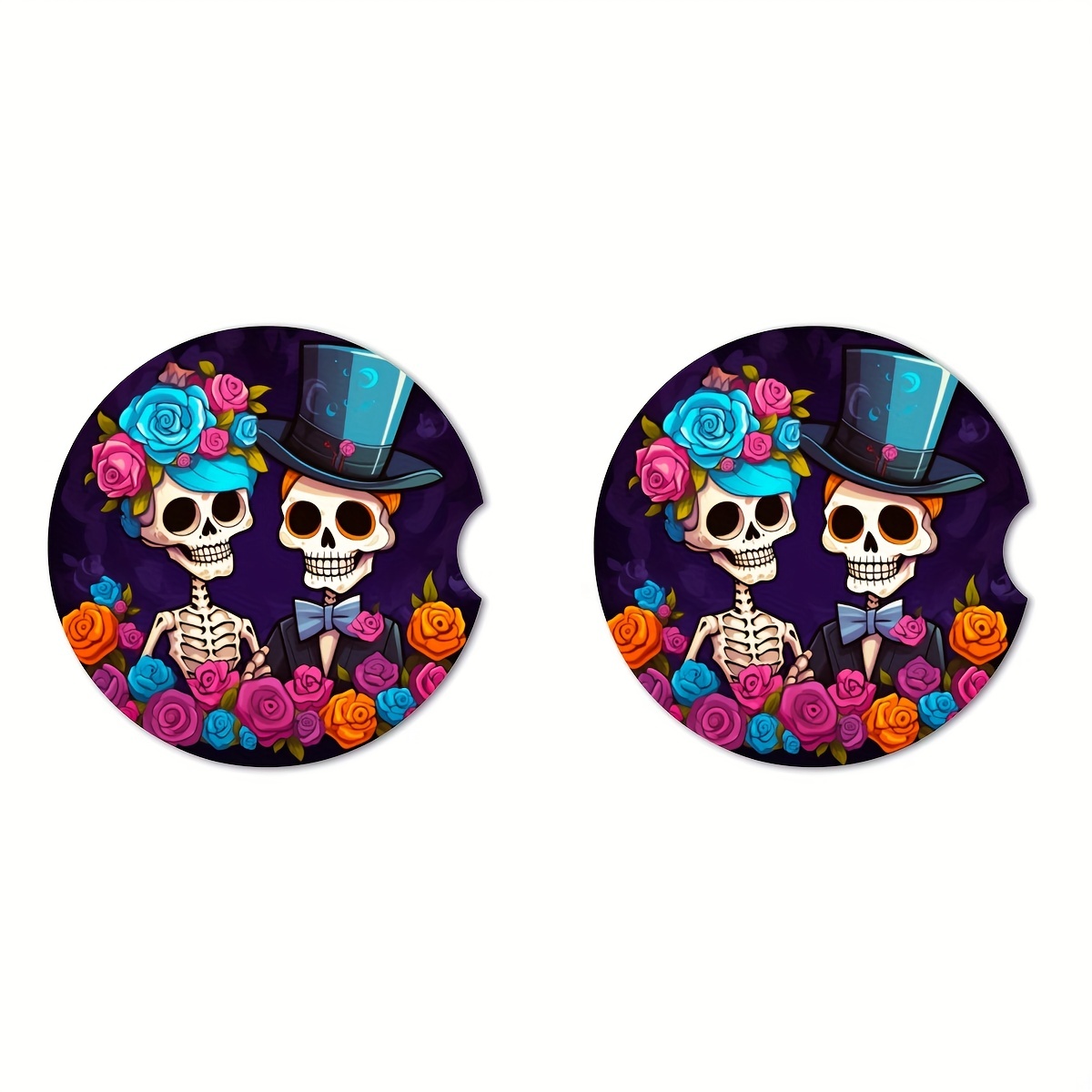 Skull Bride Groom Ceramic Car Coasters Cork Back Finger Slot