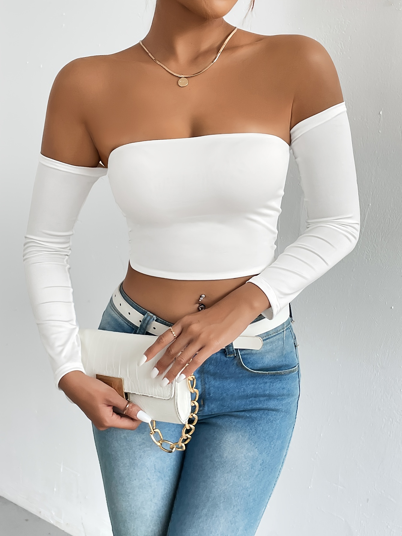Womens Hollow Out Long Sleeve Cropped Tank Top Off Shoulder Underboob  Streetwear