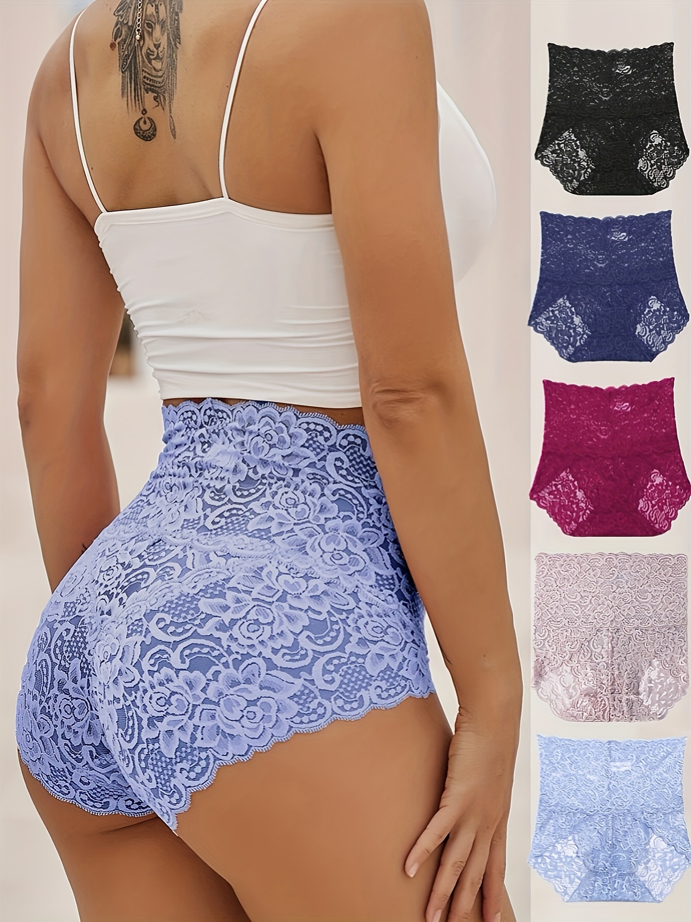 Women's High Waist Underwear Lacy Panties Floral Embroidery Lace Bikini  Silky Comfy Briefs