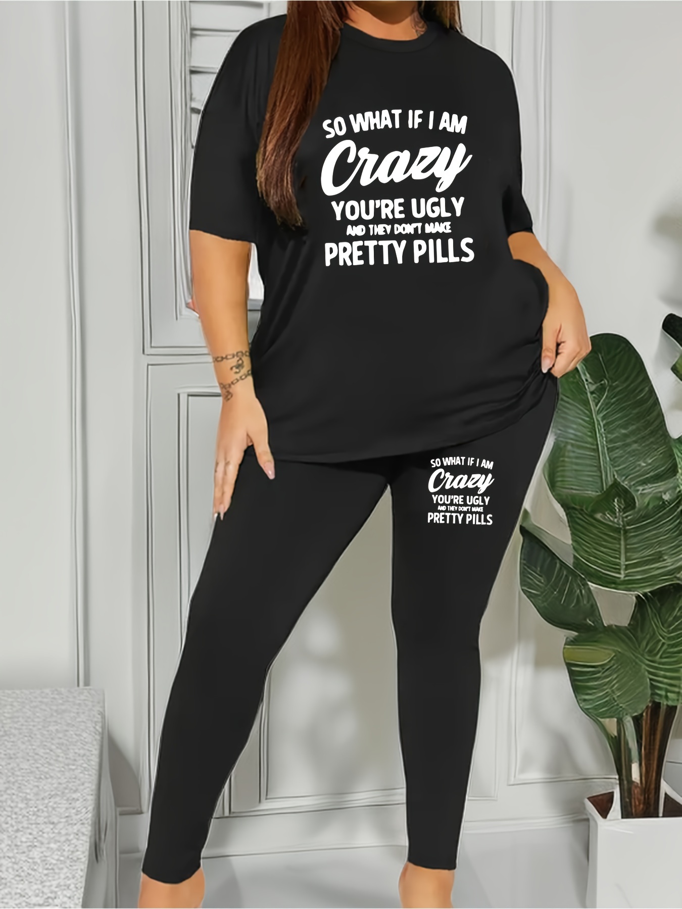 Dropship Plus Size Letter Print Short Sleeve T-shirt & Pants Set; Women's  Plus Medium Stretch Workout 2pcs Set to Sell Online at a Lower Price