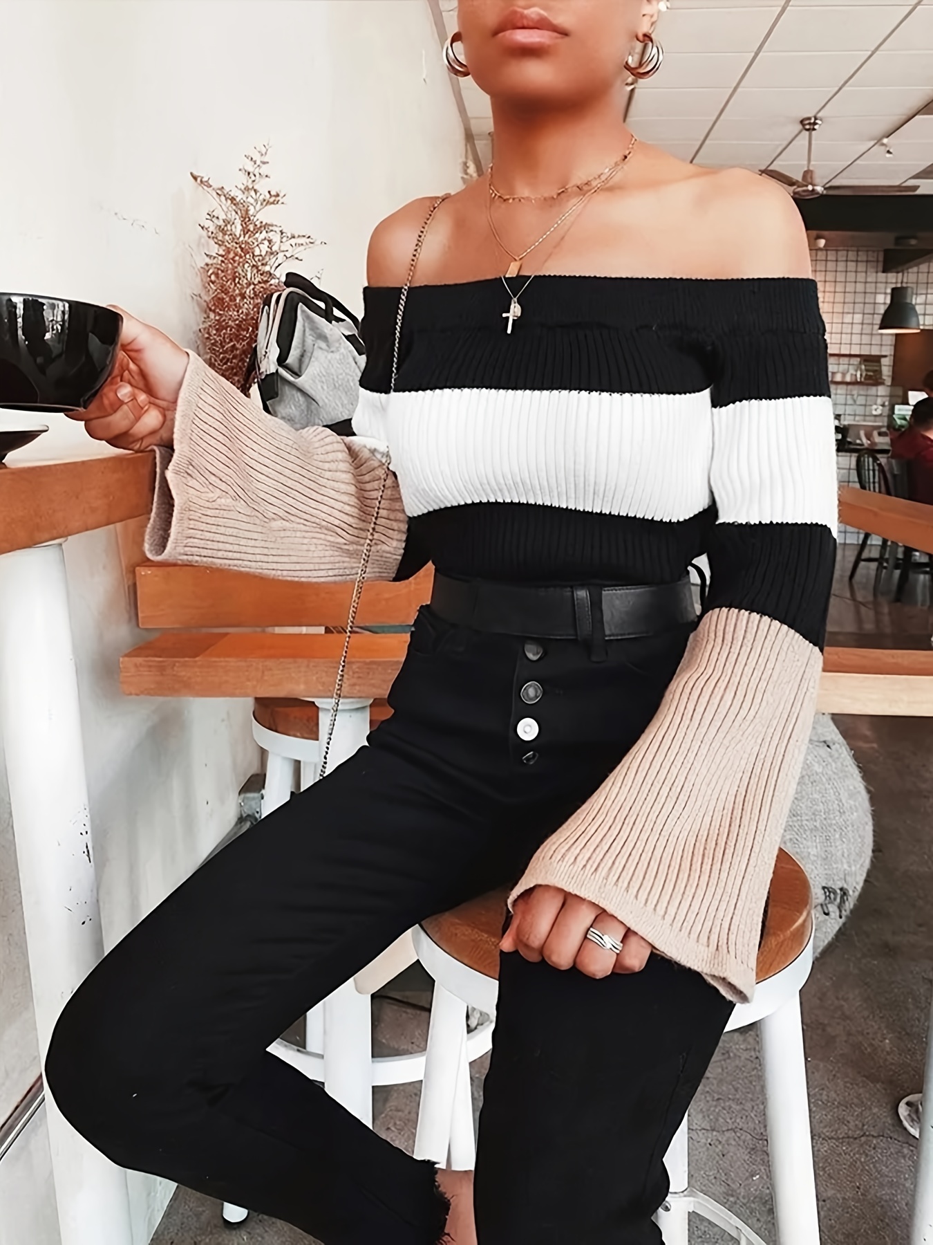 Women's Tops Striped Flare Sleeve Off Shoulder Top