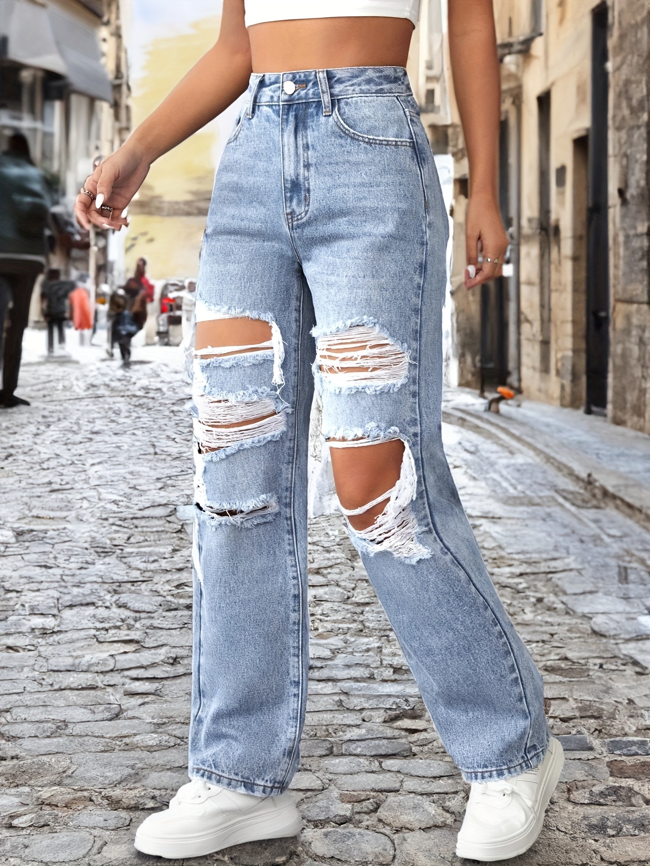 Ripped Holes Chic Straight Jeans, Loose Fit Non-Stretch Slant