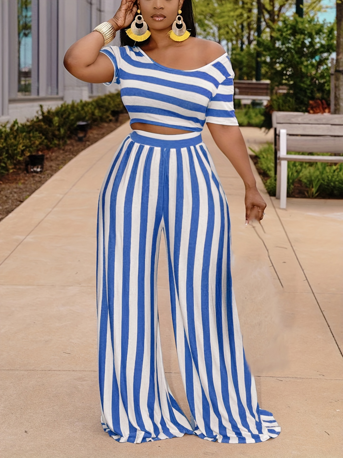 Women's Fashion Crop Top Stripe Wide-leg Pants Two-piece Set Casual Summer