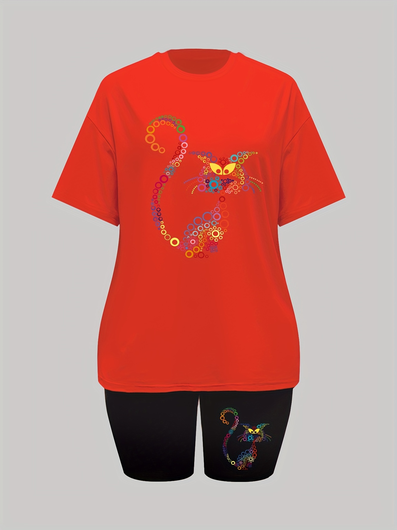 Circle Cat Print Lounge Set Short Sleeve Top & Shorts Women's Loungewear
