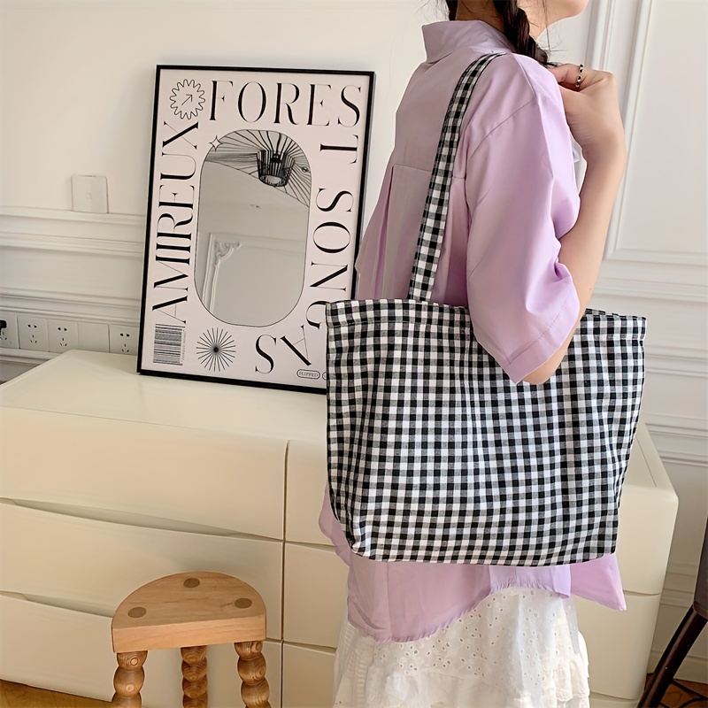 Plaid Print Zipper Tote Bag, Large Capacity Versatile Hanbag