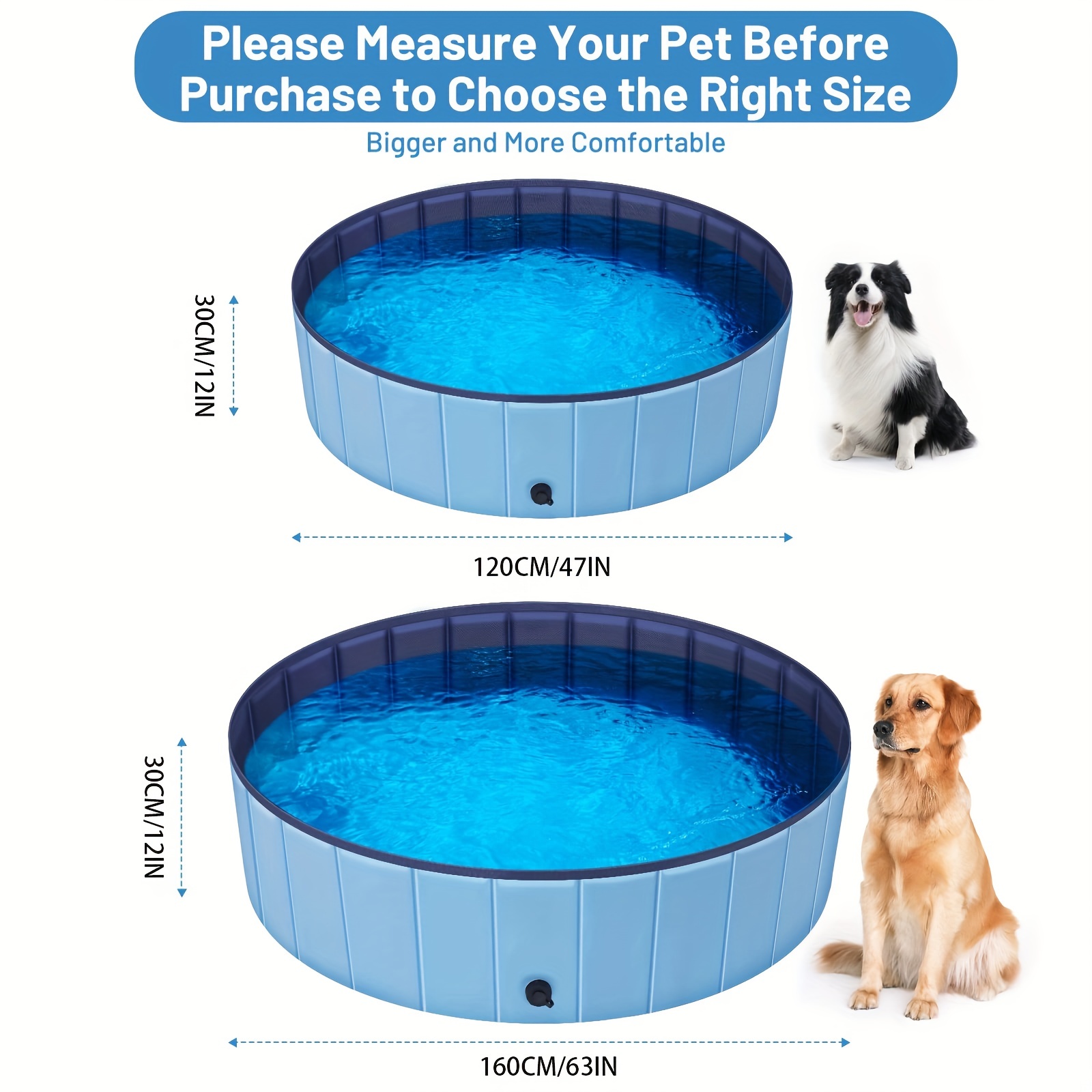 Piscine pliable pour chien, piscine pour chien en plastique dur, baignoire  pliable antidérapante pour grands chiens et enfants (63 x 12 pouces, bleu)