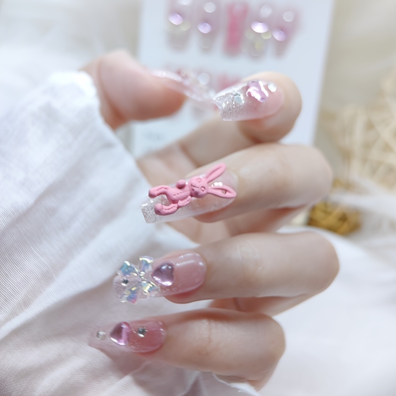 Pink Rhinestones with silver bow Press on nails/ Kawaii Nails