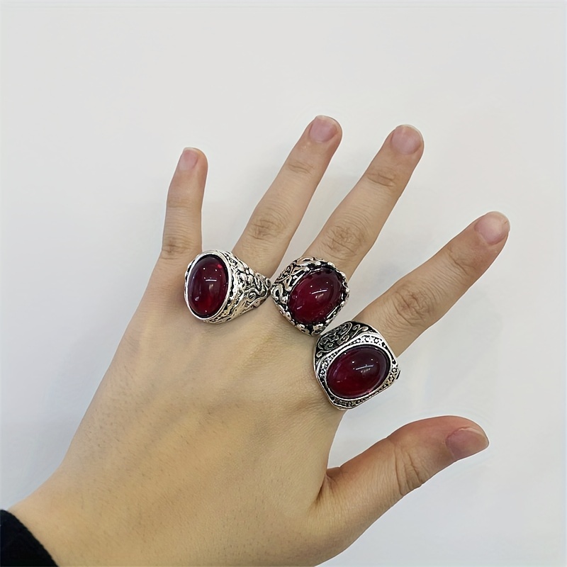 5pcs Set Men's Silvery Oval Red Stone Rings