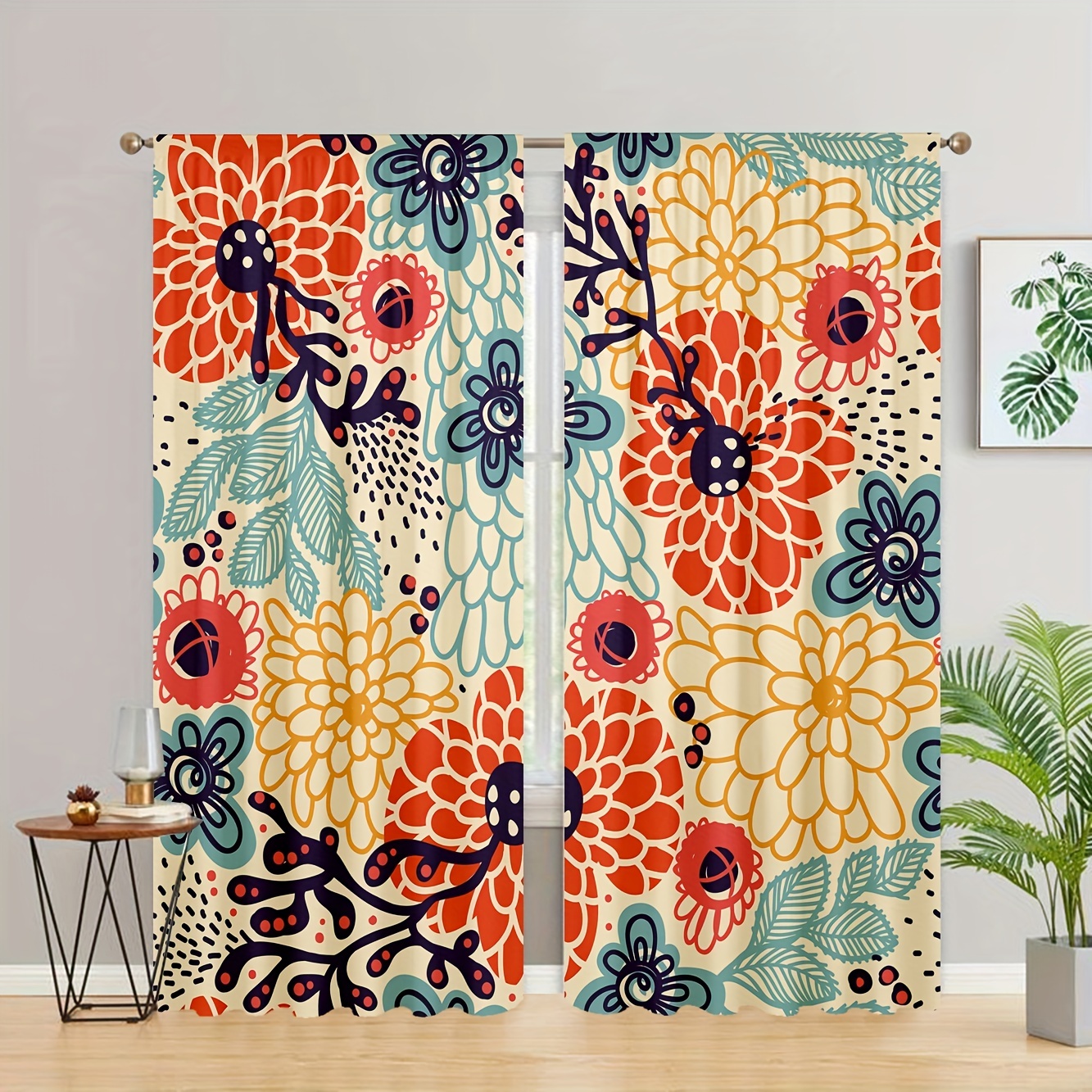 

2pcs Aesthetic Retro Flower Print Curtain For Bedroom, Office, Kitchen, Living Room, And Study - Rod Pocket Window Treatment For Home Decor And Room Decoration