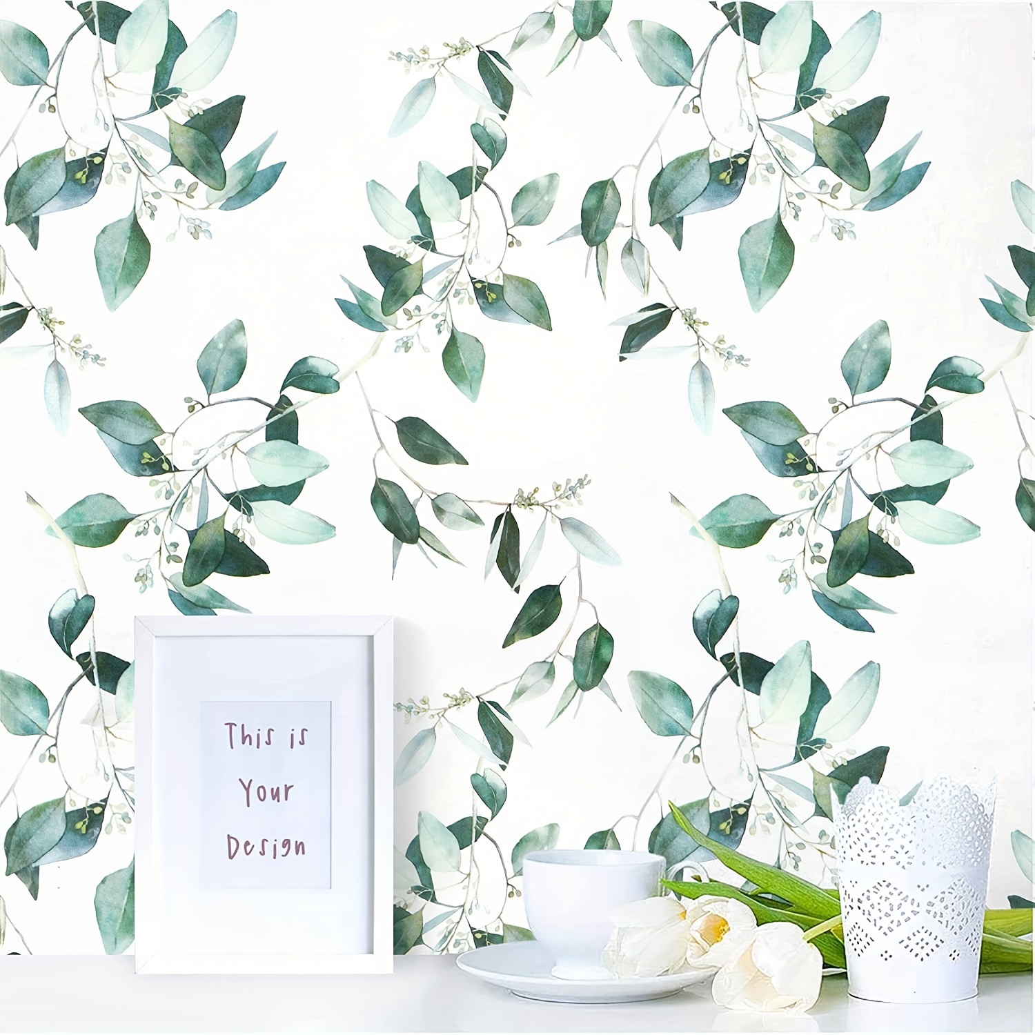 Image of 1pc Vintage Green Plant Leaves Removable Wallpaper Waterproof Peel And Stick Electrical Furniture Home Decoration Room Background Kitchen Refurbishment Wallpaper Wall Stickers