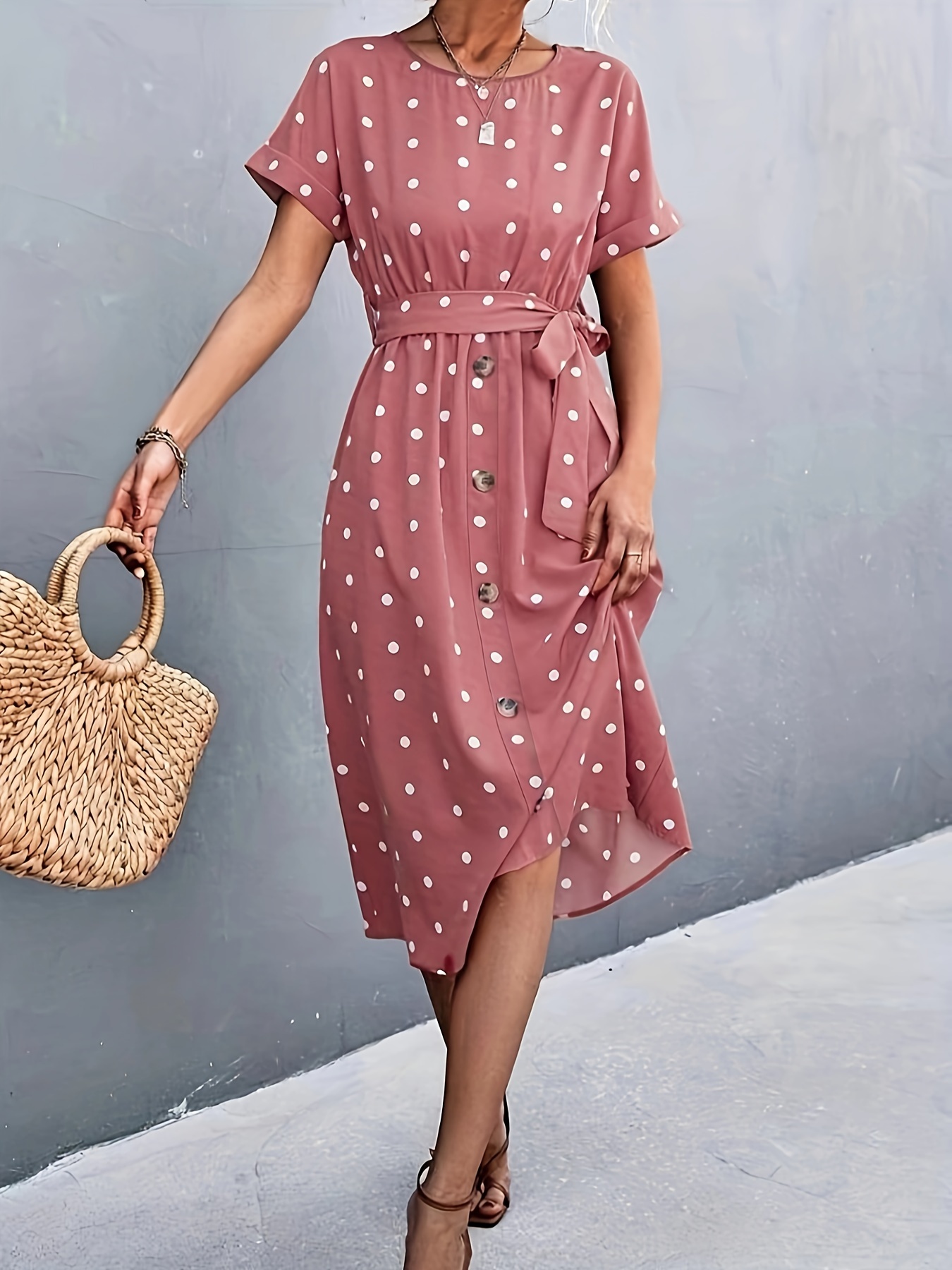 polka dot print crew neck dress casual short sleeve button decor belted dress womens clothing