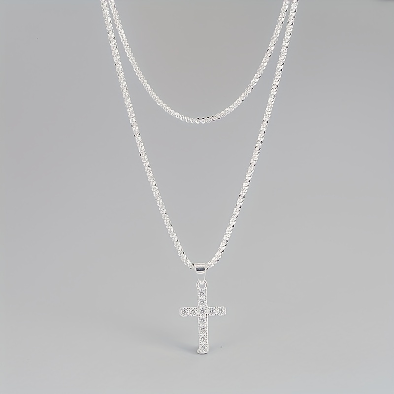 925 Sterling Silver Glitter Sparkle Cross Necklace Clavicle Chain Double  Layer Chain Female Silver Color Necklace