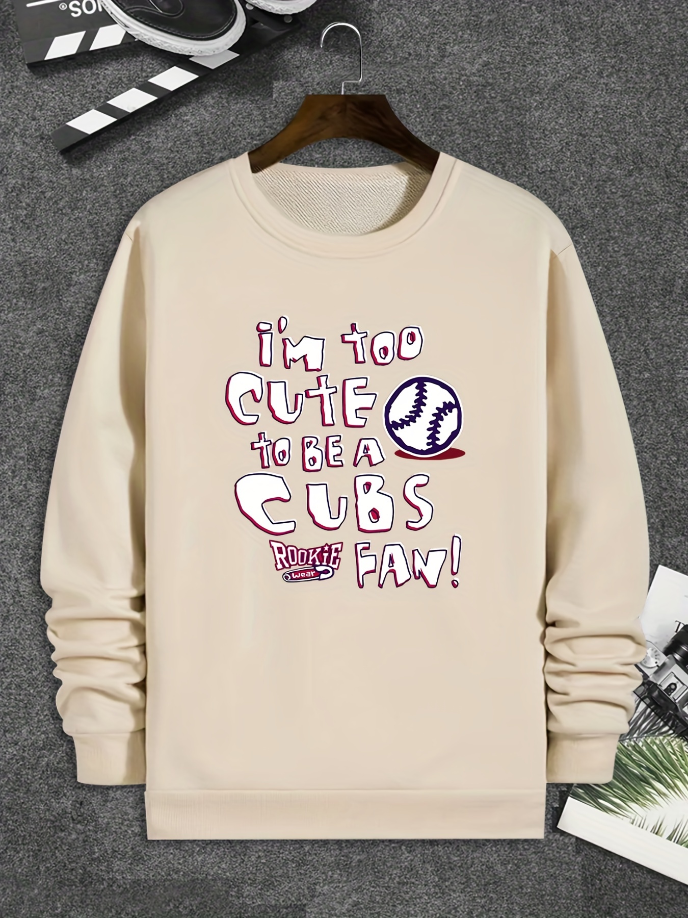 Its Too Cute To Be A Cubs Fan Print Trendy Sweatshirt Mens Casual Graphic  Design Slightly Stretch Crew Neck Pullover Sweatshirt For Autumn Winter -  Men's Clothing - Temu United Arab Emirates