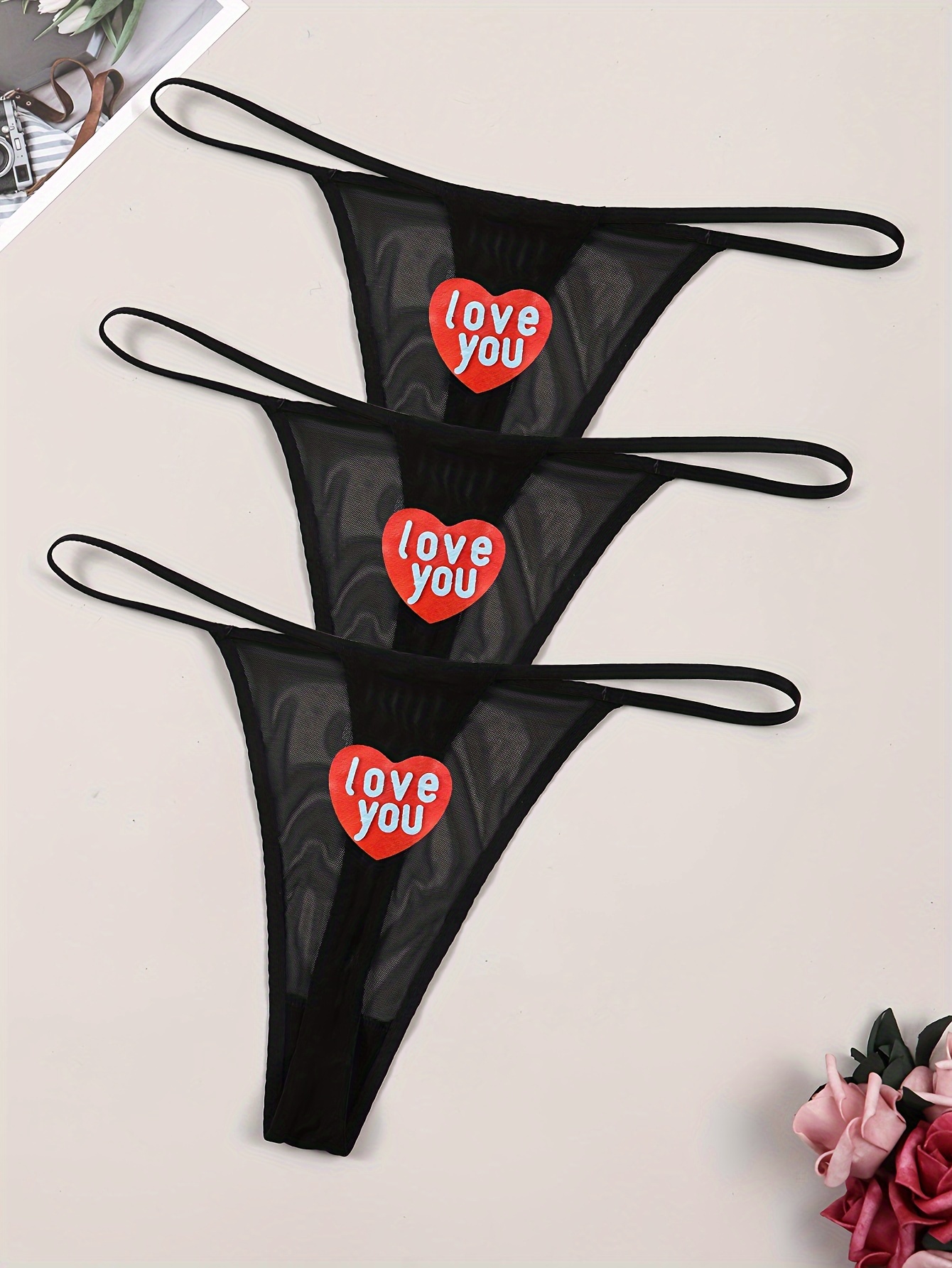 3 Pack Plus Size Valentine's Day Sexy G-strings Set, Women's Plus Letter  Heart Graphic Seamless Sheer Mesh Thongs 3pcs Set