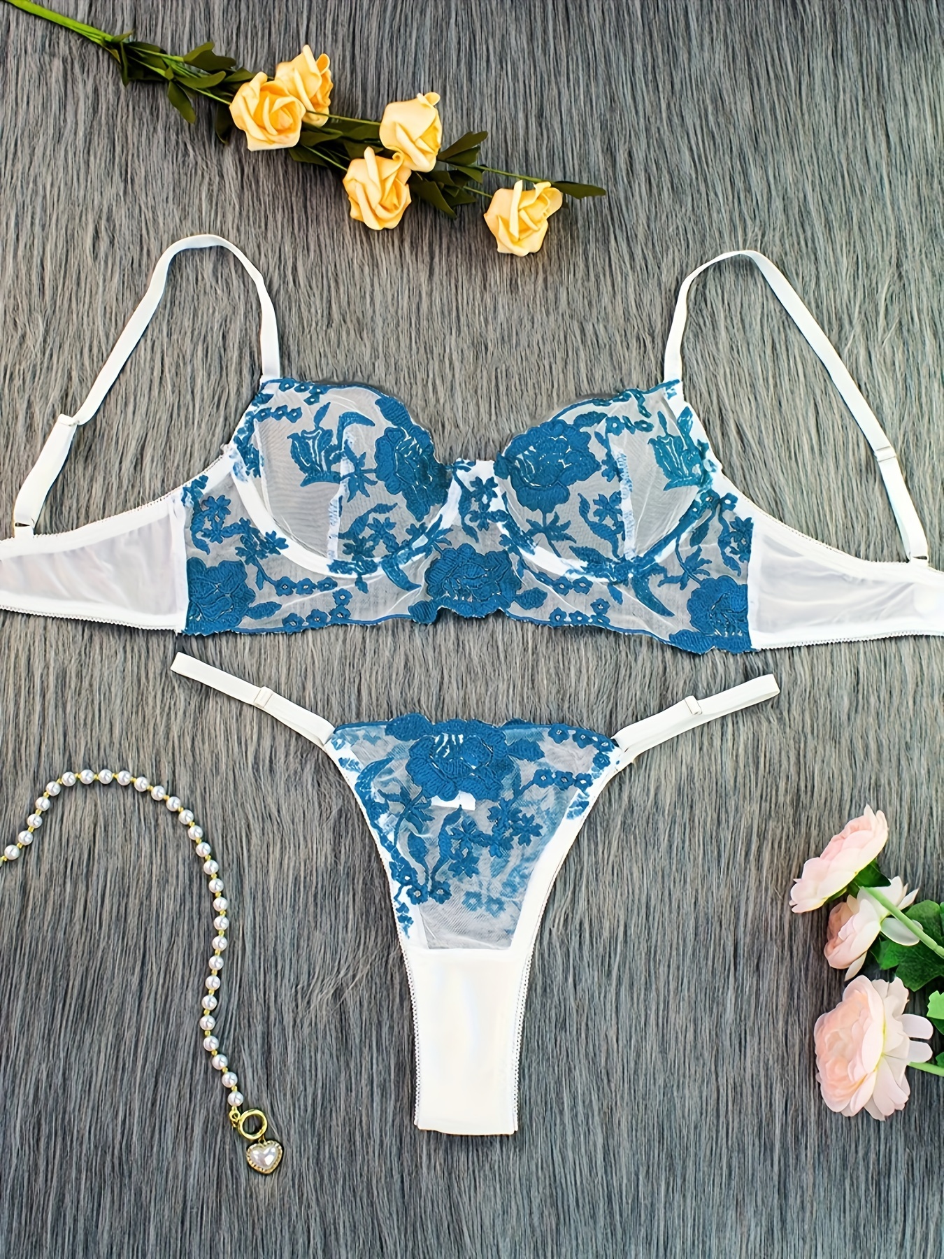 Floral Embroidery Lingerie Set Intimates Bra Thong Women's - Temu