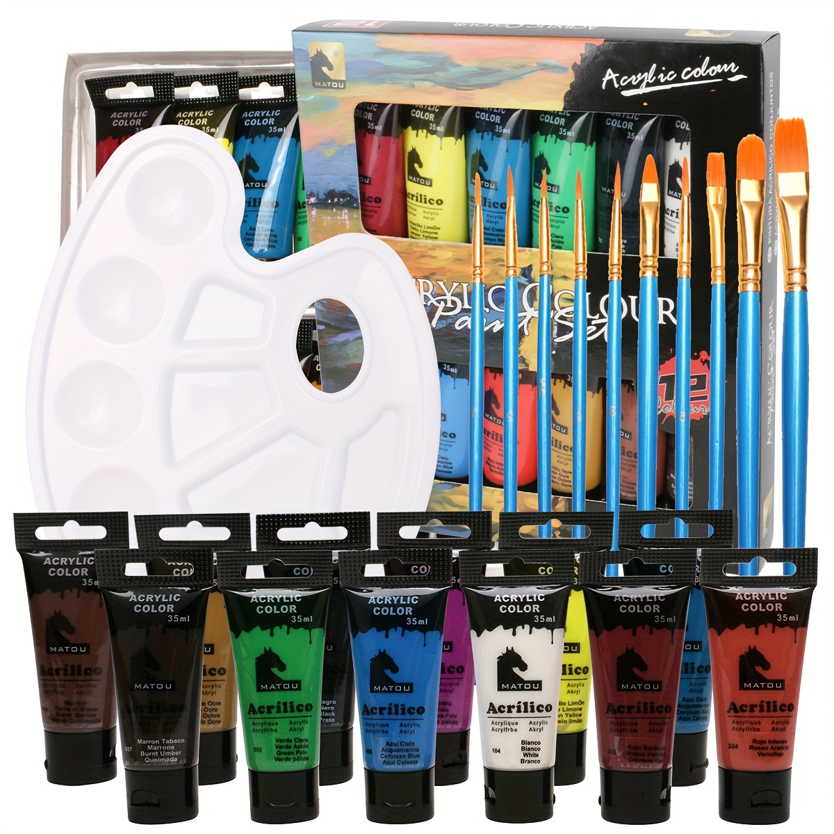 12mL 24 Color Stain Glass Paint Set with 6 Nylon Brushes, 1 Palette,  Waterproof Acrylic Painting Kit for Kids Students Beginners