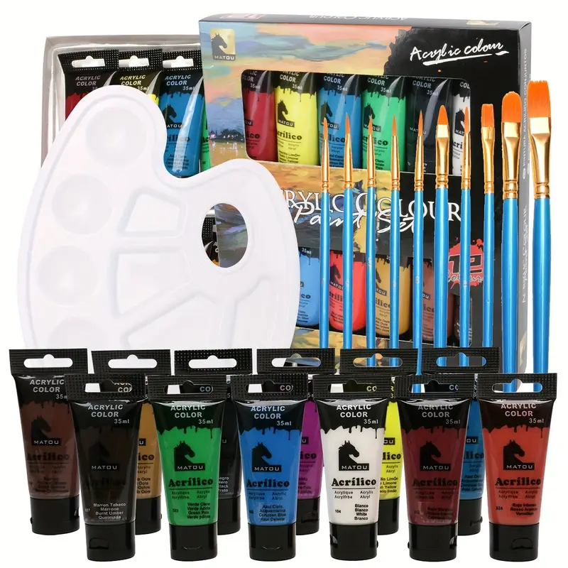 Professional Acrylic Paint Set For Artists, Beginners,12x 35ML/1.18oz  Acrylic Paint Set With 10 Paint Brushes And 1 Color Palette,Painting Art  Supplie