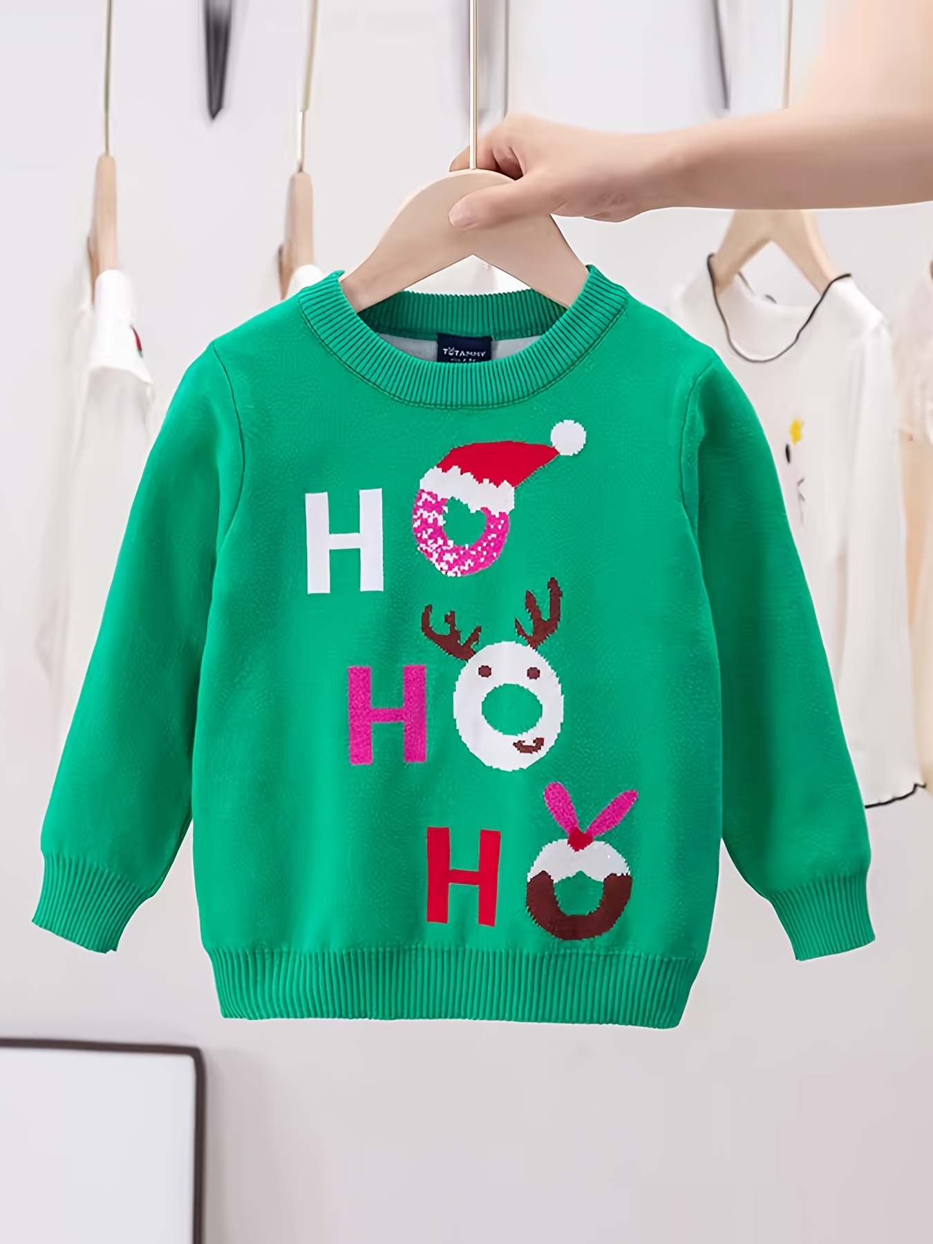 Girls Christmas Sweater Ho Ho Cartoon Jacquard Knit Pullover