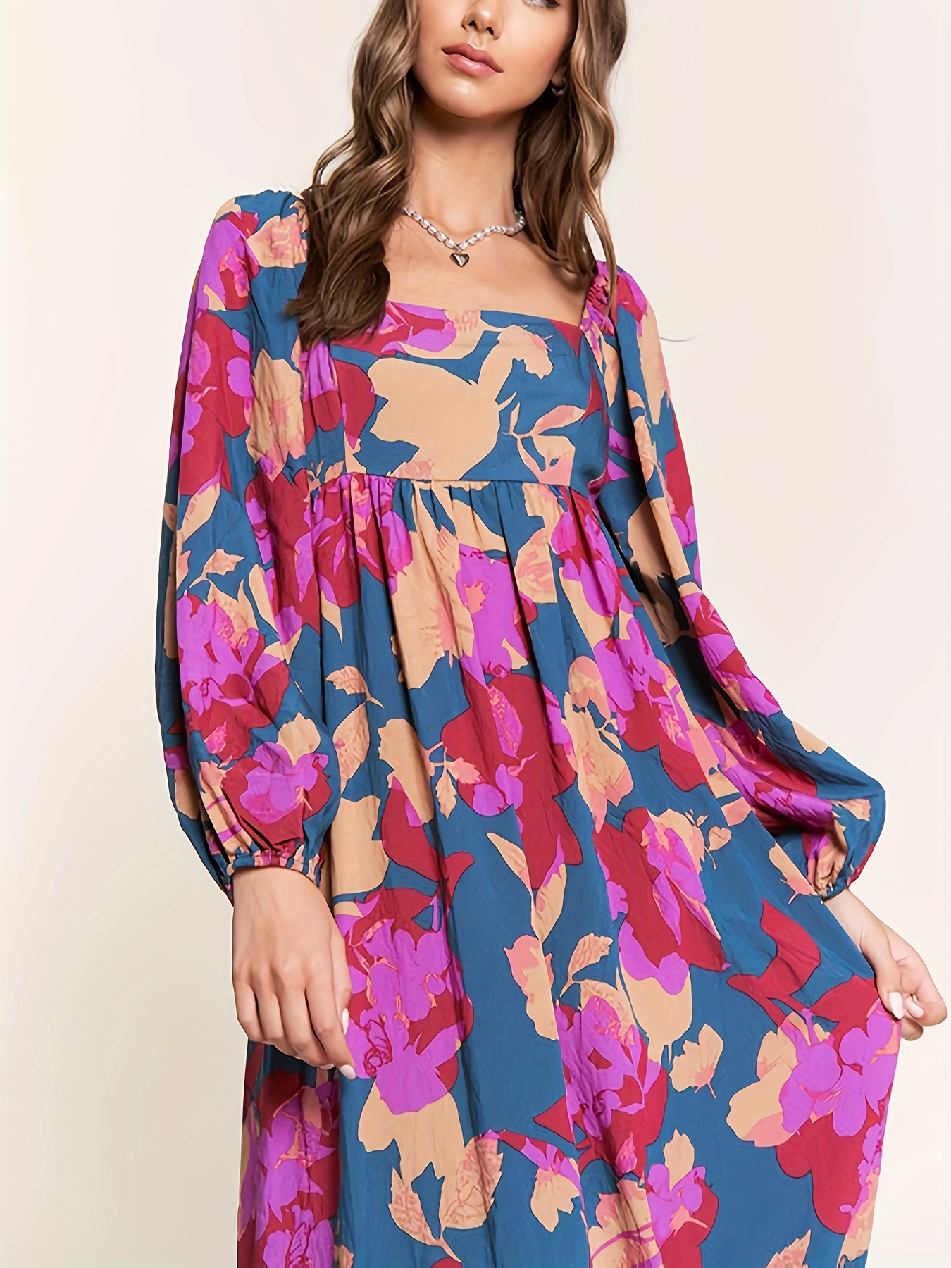 Floral Print Ruffle Hem Dress Boho Holiday Long Sleeve V - Temu