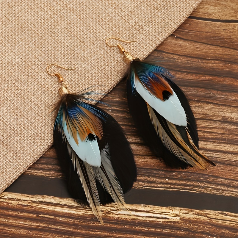 Vintage Blue Long Leaf Wrap Feather Earrings For Women Jewelry Bohemian  Antique Gold Color Exaggerated Earring