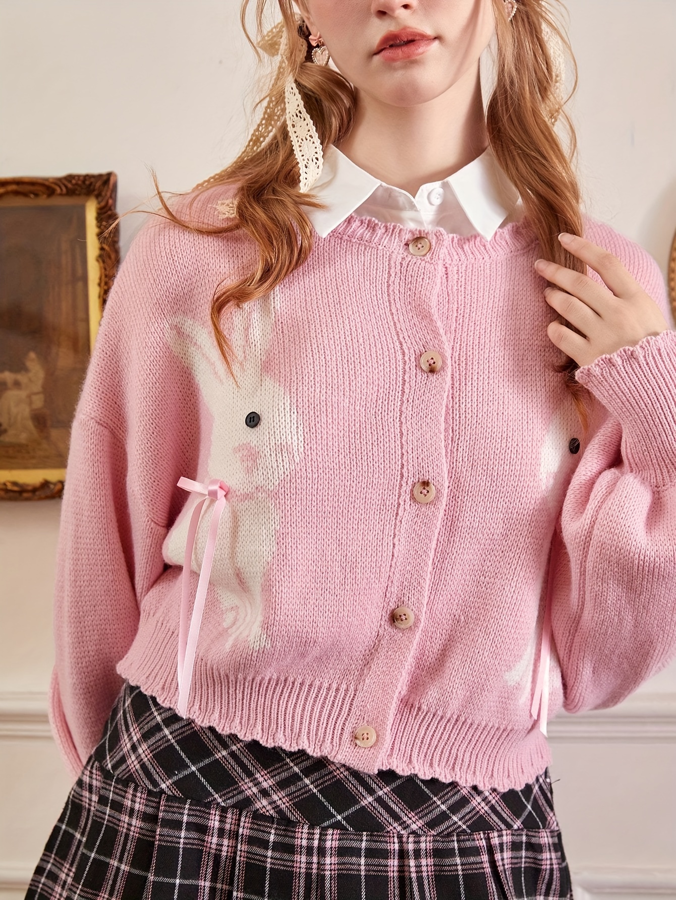 Y2K Rabbit Pattern Button Down Cardigan, Cute Long Sleeve Crop Knit  Sweater, Women's Clothing