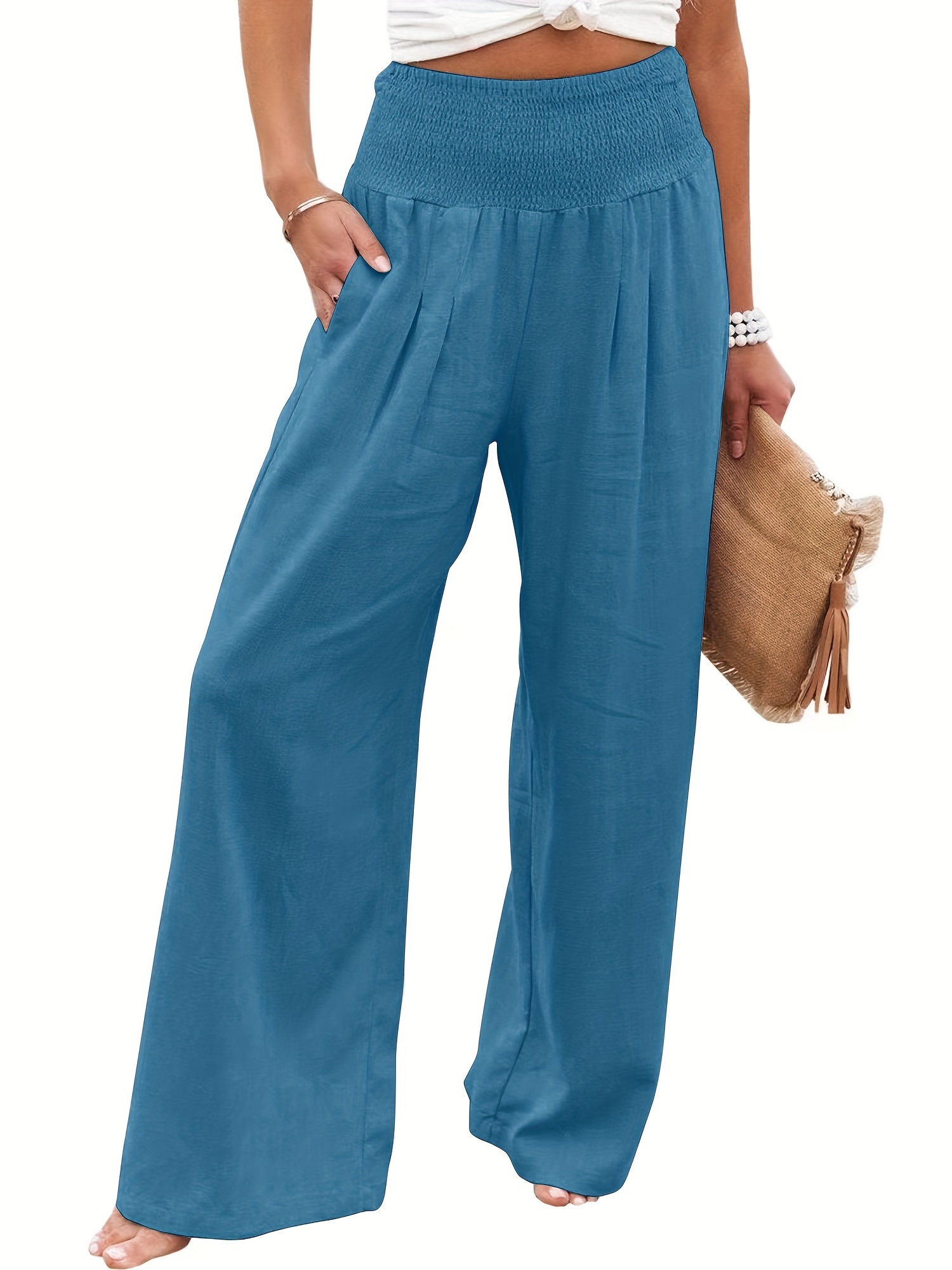 LEMAFER Women's Smocked Wide Waistband Wide Leg Pants Casual High