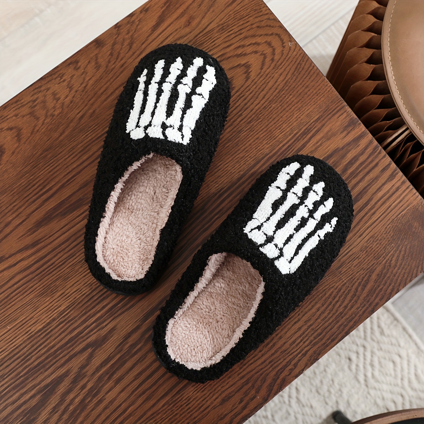 Skull Skeleton Feet Design Slippers Casual Slip Plush Lined Temu