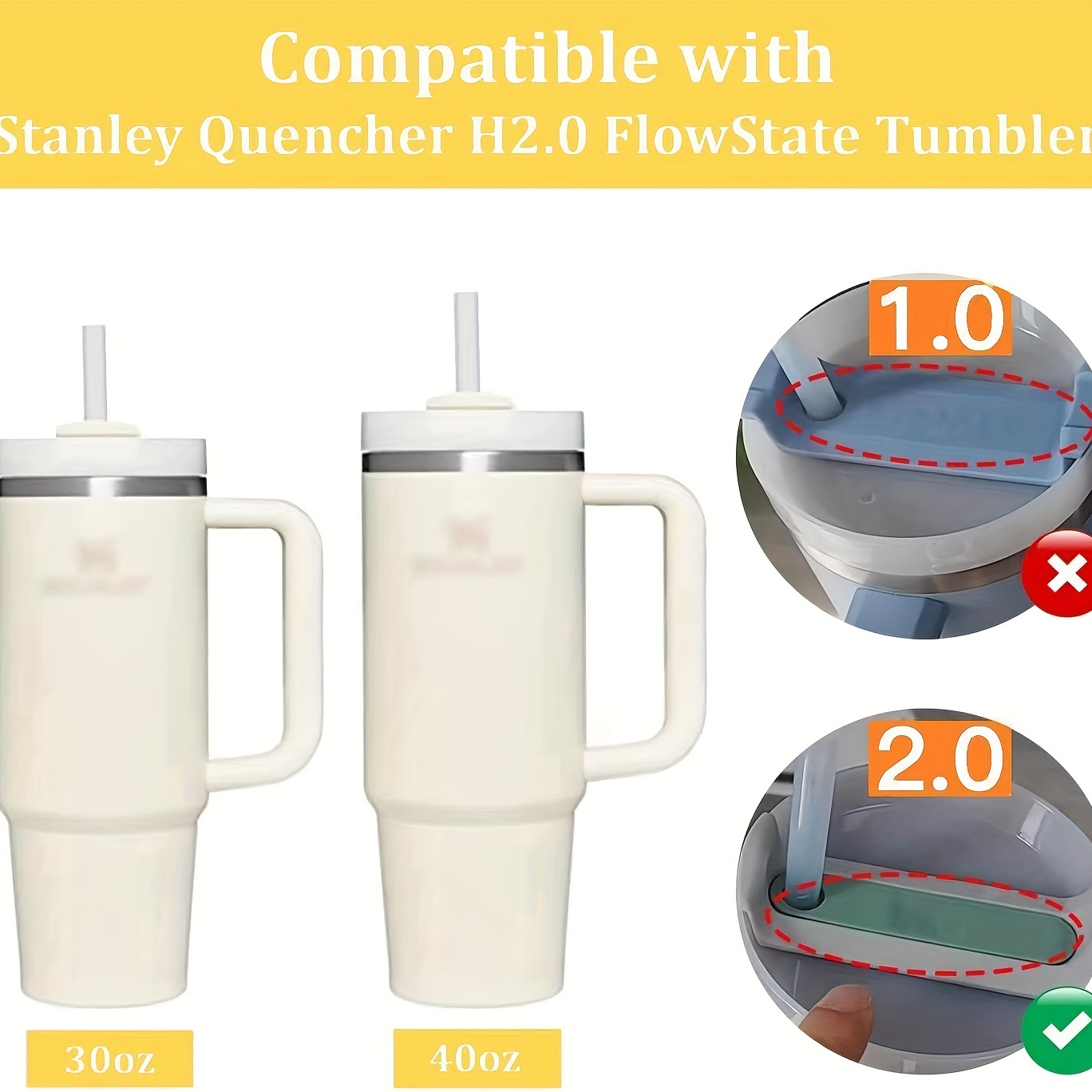 6pc Silicone Spill Proof Straw Stopper for Stanley H2.0 30oz/40oz, Accessories for Stanley Cup: with 2 Straw Cover Caps, 2 Square Spill Stoppers & 2