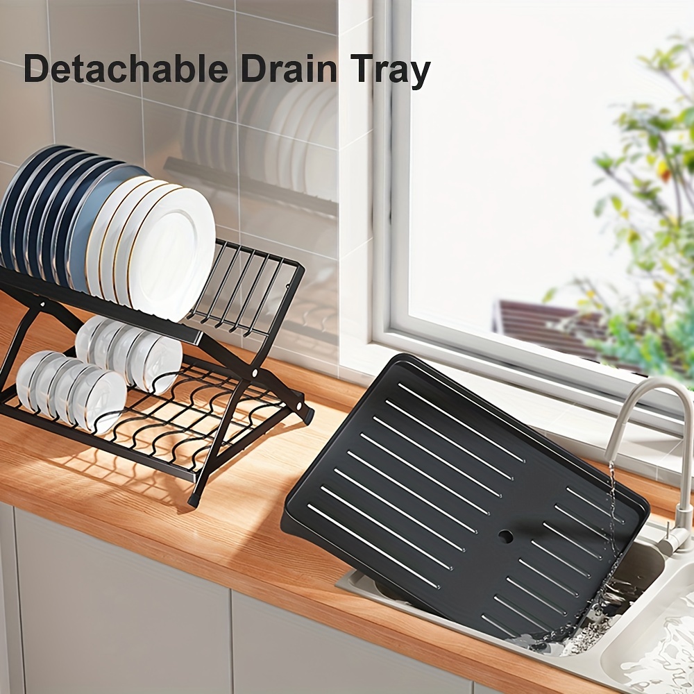2-Tier Dish Drainer with Glass Holder and Utensil Holder for Kitchen Counter